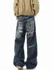 Jeans de Pierna Ancha con Estampado de Letras Lavado Americano Desgastado Unisex Sueltos Versátiles Pantalones Rectos Retro de Calle