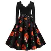 C0595 AliExpress ebay Vestido feminino de Halloween onda decote V manga longa costura estampa de abóbora vestido rodado grande