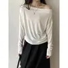 Camiseta Off-Shoulder de Lã Tencel Beishan Tongshu para Mulheres, Modelagem Solta, Casual, Top Versátil para Outono 718