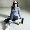Traje de Yoga con Costuras de Bloques de Color para Mujer, Chaqueta Ajustada de Manga Larga Adelgazante, Pantalones Ajustados de Cintura Alta para Fitness, Conjunto para Gimnasio y Correr