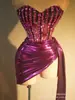 Vestido Strapless Fashion e Sexy com Corrente de Strass Cincha-Cintura Conjunto de Saia Curta para Bar, Boate, Performance, Desfile e Festa Dançante