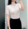 Top Delgado de Cuello Alto Miyake Textura de Verano Plisado de Alta Calidad Cuello Semi Alto Estilo Occidental Microtransparente Camisa Base Top