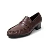Mocasines retro plisados de piel genuina para mujer, estilo slip-on, nueva colección 2026, tacón grueso, zapatos pequeños de cuero estilo británico
