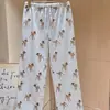 Pijama de Dos Piezas para Mujer Miss Bunny Estilo Deseo Puro, Hombros Descubiertos, Manga Corta, Estampado de Dibujos Animados de Verano, Pantalón Largo, Conjunto para Casa, Se Puede Usar Afuera