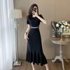 Xiaoxiangfeng Treze Linha Mulheres Gelo Seda Vestido Tricotado Mulheres Vestido de Verão Sobre o Joelho Longo Quadril Preto Fishtail Saia