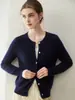 Cardigan de estilo casual 100% cachemira pura para mujer, color liso suave, manga larga, cuello redondo, chaqueta de punto abotonada, top versátil