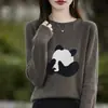Suéter de tricô jacquard retrô francês transfronteiriço para mulheres, novo modelo 2025, gola redonda, manga longa, suéter base quente, estiloso e versátil