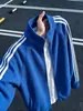 Sudadera con capucha de punto a rayas americanas para hombre, invierno, con felpa, engrosada, peso pesado, cuello alto, chaqueta tipo béisbol, corte limpio, chaqueta deportiva