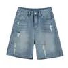 Shorts jeans de cintura alta rasgados para mulheres, estilo fino de verão, novo modelo 2026, corte A, modelador, para baixinhas, comprimento médio, perna larga, hot pants