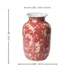 Jarrón de cerámica pintado a mano con patrón rojo y blanco, recipiente festivo rojo estilo chino para flores, adecuado para exhibición en la entrada, estante estilo antiguo, para flores secas o artificiales