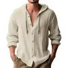 Ropa de hombre transfronteriza talla europea, camiseta de hombre de corte holgado, camisa casual de manga corta de color liso, cárdigan abotonado con capucha y cordón de lino sintético