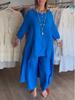 2024 Moda Femenina Europea y Americana Amazon Traje Casual de Algodón y Lino Talla Grande Top Largo Pantalones de Pierna Ancha Conjunto de Dos Piezas