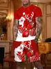Conjunto de camiseta casual de corte holgado y pantalones cortos con estampado digital 3D temático de Navidad, superventas transfronterizo europeo y americano