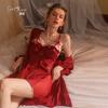 Guiruo - Camisón de satén suave y ligero de lujo, con malla transparente y almohadilla para el pecho, sexy, para mujer, 2227