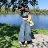 YC &amp; American Retro Loose Wide Leg Calças de Cintura Alta Joker Calças Jeans Primavera e Verão Mulheres