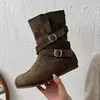 Botas de Moda 2026 Hebilla Retro Tacón Grueso Punta Redonda Casual Otoño Nuevas Botas Vaqueras Botines de Mujer Mujer Aumento Oculto de Altura