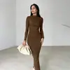 Estilo Nuevo Primavera y Otoño Europeo y Americano Amazon Transfronterizo Ajustado de Alta Gama Color Sólido Elegante Vestido Largo Bodycon para Mujer