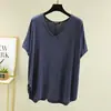 Verano Suelto Elegante Para Ir al Trabajo Color Sólido Sexy Suéter Manga Corta Azul Camisa Base de Algodón Suelta 9 Colores