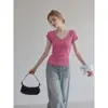 Camiseta rosa ummoi de cuello en V de manga corta, estilo verano, entallada a la cintura, corte ajustado, top corto para mujer
