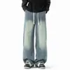 Calça jeans masculina de sarja lavada com degradê, estilo de marca da moda americana/customizada para o outono, calça larga reta solta