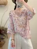 2026 Verão Nova Camisa Ramie Leve Artística Estampada Retro Versátil para Mulheres Top Casual Solto Atacado