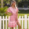 Estação Independente Comércio Exterior Transfronteiriço Amazon Europa e América Vestido Retro Feminino de Renda com Cadarço Manga Curta Estampado Decote V Plissado