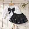 Comercio Exterior Transfronterizo Primavera y Otoño Nuevo Conjunto Elegante para Bebé con Falda Mini de Mezclilla Bordada de Manga Larga con Volantes y Lazo para Niñas