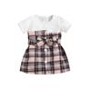 Novo Vestido de Verão Xadrez Duas Peças para Bebês Meninas com Cinto de Laço e Mangas Curtas Saia Evasê