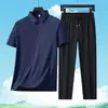 Conjunto de camiseta de manga corta de seda de mora de color liso y camisa POLO para hombre, casual de negocios de verano, transpirable, deportivo, agradable para la piel, dos piezas