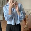 Camisa de Manga Longa Azul Simples de Cor Sólida com Bolso, Corte Solto, Curta, Nova para Primavera e Outono 2026, Estilo Ins Coreano, para Tamanhos Petite