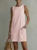 Amazon Europeia e Americana transfronteiriça feminina verão boêmio solto casual gola redonda sem mangas bolso cor sólida vestido