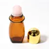 Botella de Relleno de Aceite de Ricino de Vidrio Marrón de 50 ml Botella con Bola Rodante de Jade Rosa Natural Botella con Bola Rodante de Cuarzo Rosa