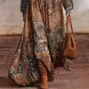 Vestido Bohemio Estampado de Manga Larga con Falda Amplia y Cinturón, Mangas de Linterna Adelgazantes, Estación Independiente 2025