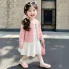 Conjunto de Vestido Cardigan Suéter para Meninas Tricô de Primavera Infantil Vestido de Princesa Moda Bebê Roupas de Primavera e Outono