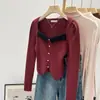 2023 nuevo suéter francés de cuello cuadrado para chica popular, manga larga corta, top interior rojo para mujer, otoño e invierno, ajuste ceñido, adelgazante
