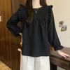 Camisa de Muñeca con Volantes Estilo Coreano Nueva para Primavera y Otoño Talla Grande para Mujer Camisa Versátil de Color Sólido con Cuello Redondo y Pliegues para Mujer