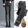 Jeans de Cintura Alta con Forro Polar Pantalones Skinny de Invierno para Mujer Ropa Exterior Pantalones Gruesos Pantalones Lápiz Ajustados Elásticos para Mujer