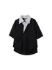 Camisa Polo Falsa de Dos Piezas Negra Manga Corta Verano para Mujer Diseño de Nicho Camisa Camiseta Cuello en V Estilo Americano Resistente Manga Media