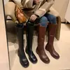 Botas de caballero de piel de vaca de primera capa para mujer, botas altas de invierno, nuevas, cepilladas, punta redonda, cremallera lateral, tacón medio grueso, botas rectas hasta la rodilla
