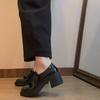 Versión de Piel de Vaca ~ Mocasines de Tacón Alto de Charol para Mujer Elegantes Franceses con Lazo Tacón Grueso Zapatos de Una Capa Zapatos de Cuero Negros Británicos