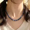 Collar de cadena para clavícula de ágata con cuentas de aventurina azul de piedra natural, simple y elegante, cadena retro para suéter de otoño e invierno para mujer