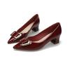 Zapatos de Salón Individuales para Mujer de Tacón Medio Nuevo Primavera 2025 Tacón Grueso Tacones Altos Charol Rojo Zapatos de Boda Punta Fina Boca Baja Zapatos para Cuatro Estaciones