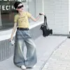 Conjunto de Verano para Niñas 2026 Nuevo Casual Estilo Americano Estampado de Manga Corta para Niños Mayores Combinado con Jeans con Pedrería