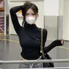 Camiseta de manga larga con cuello semi-alto de terciopelo acanalado cálida ajustada de temperamento para mujer, camiseta básica de otoño e invierno al por mayor transfronteriza