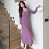 Vestido Simple de Punto Transfronterizo 2025 para Mujer Otoño e Invierno Mangas Abullonadas Estilo Francés de Alta Gama Look Adelgazante Flor