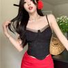 Top de Malla Sexy Estilo Francés con Almohadilla Fija en el Pecho Diseño de Varillas Top de Tirantes Hot Girl Espalda Hermosa Base para Mujer