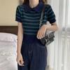 Camiseta de Manga Curta para Mulheres, Verão Estilo Coreano Chic Hong Kong Doce Ombro Direito Listrada Slim Top de Tricô Tendência Ins