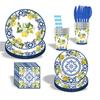 Porcelana Azul y Blanca Limón Fruta Fiesta de Cumpleaños Vajilla Vaso de Papel Desechable Plato de Papel Servilleta de Papel Cuchillo, Tenedor y Cuchara Accesorios de Diseño