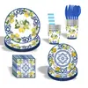 Prato de Papel Descartável Azul e Branco Porcelana Vintage Tema Limão Festa de Frutas de Verão Copo de Papel Guardanapo Faca, Garfo e Colher para traje