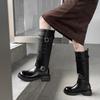 Botas de Equitación de Moda Versátiles de Piel de Vaca Genuina con Suela Gruesa y Hebilla de Cinturón Invierno 2025 Tacón Medio Grueso Punta Redonda Cuero Genuino Botas Altas para Mujer